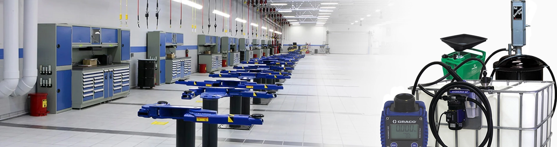 Undercoating Spray Guns & Pumps 1 Advanced lubrication equipment and tanks, including a digital Graco meter and mobile waste oil collector, available from Doehrman, showcased in an service bay with blue hydraulic lifts in the background
