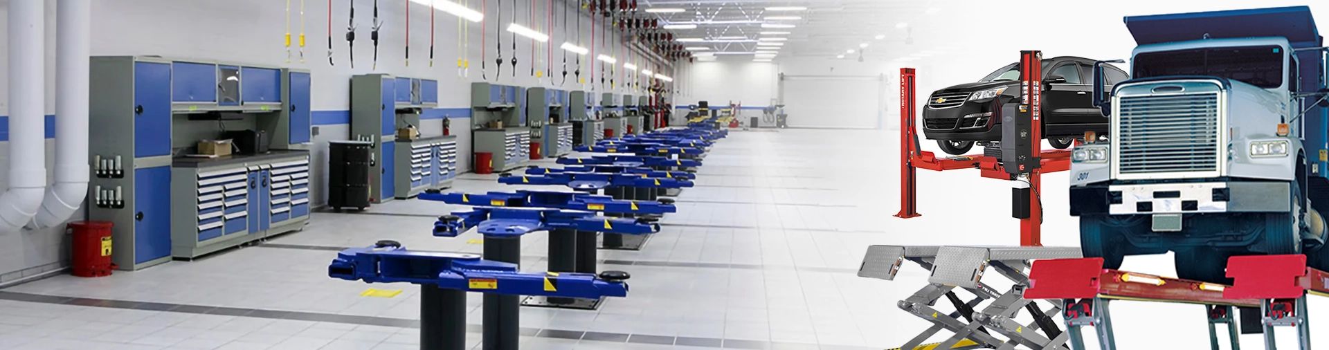 Low-Rise Lifts 1 Array of blue hydraulic vehicle lifts by Doehrman, showcased in a well-organized, brightly-lit showroom, highlighting the equipment's robust design and professional-grade quality.